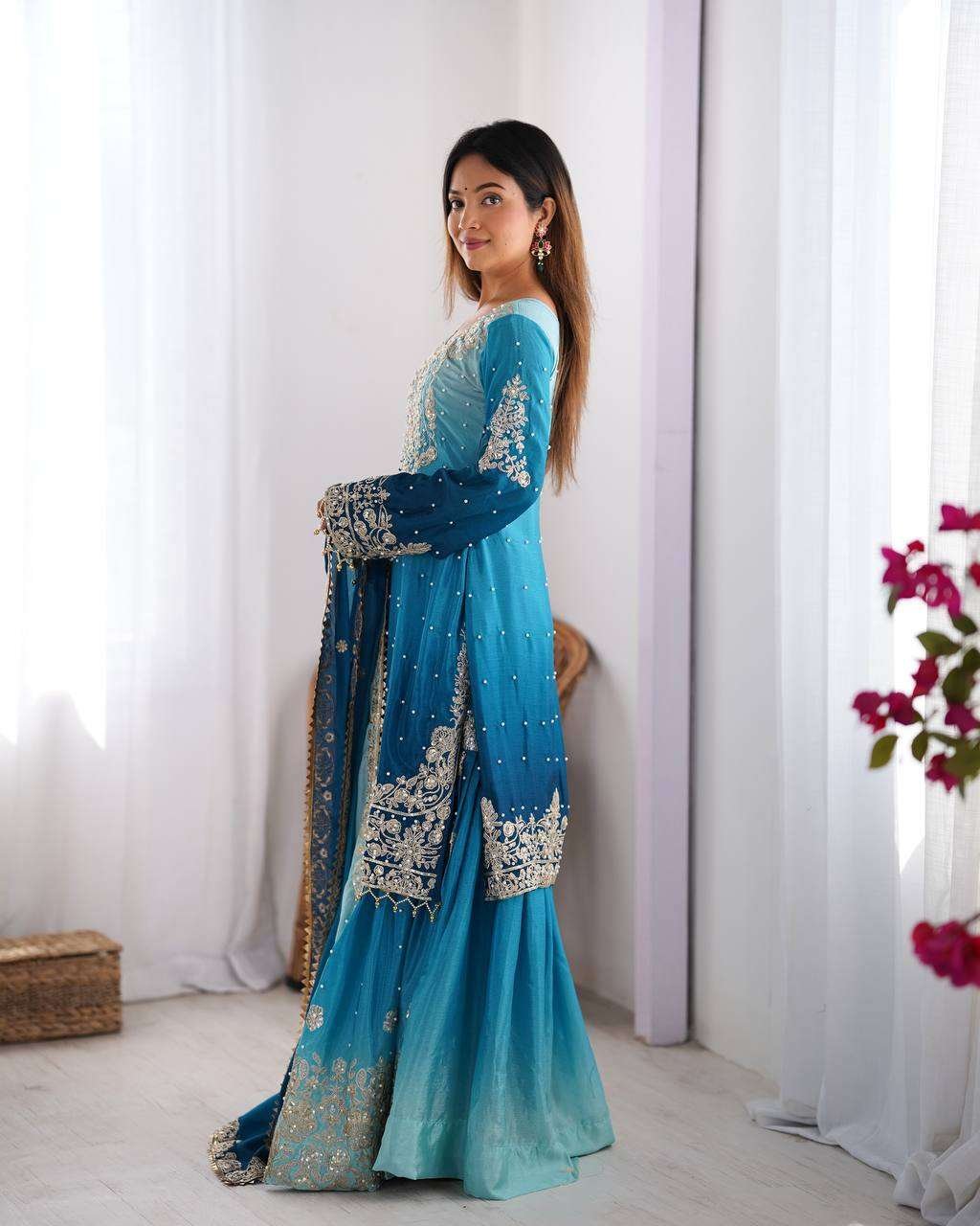 Women's Chinon Silk Sequence With Rivet Moti Work Straight Kurta With Sharara and Dupatta Set - Image 3
