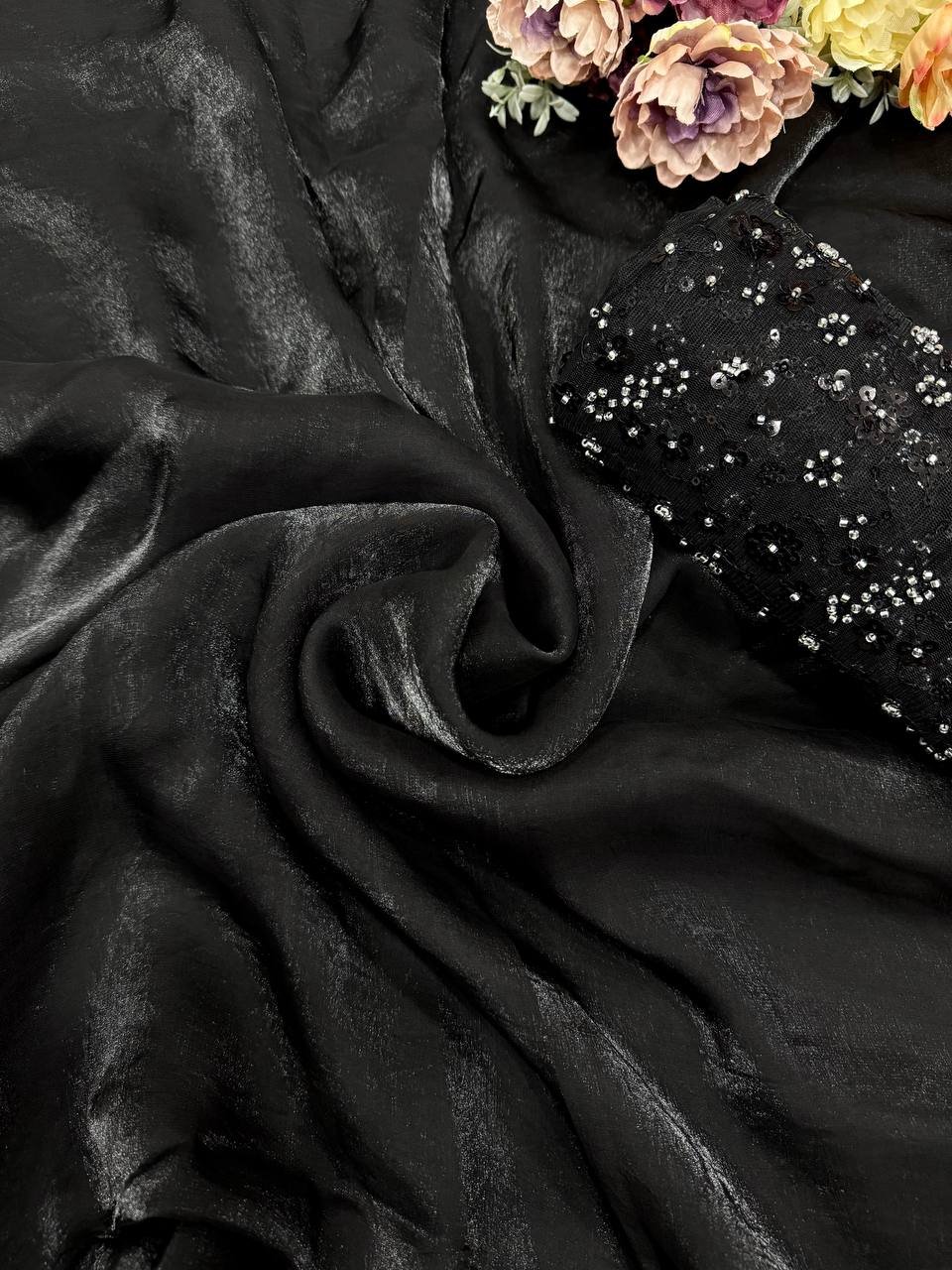 Women's Classic Black Shimmer Saree with All-Over Sequin Embellished Blouse Piece